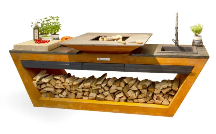 ROLLING KITCHEN CUISINE MOBILE CORTEN AVEC EVIER